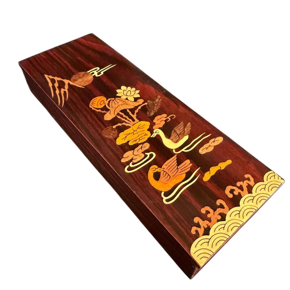 Vintage Korean Inlay Wood Box KICAC‎ Duck/Crane Marquetry Red Velvet RARE